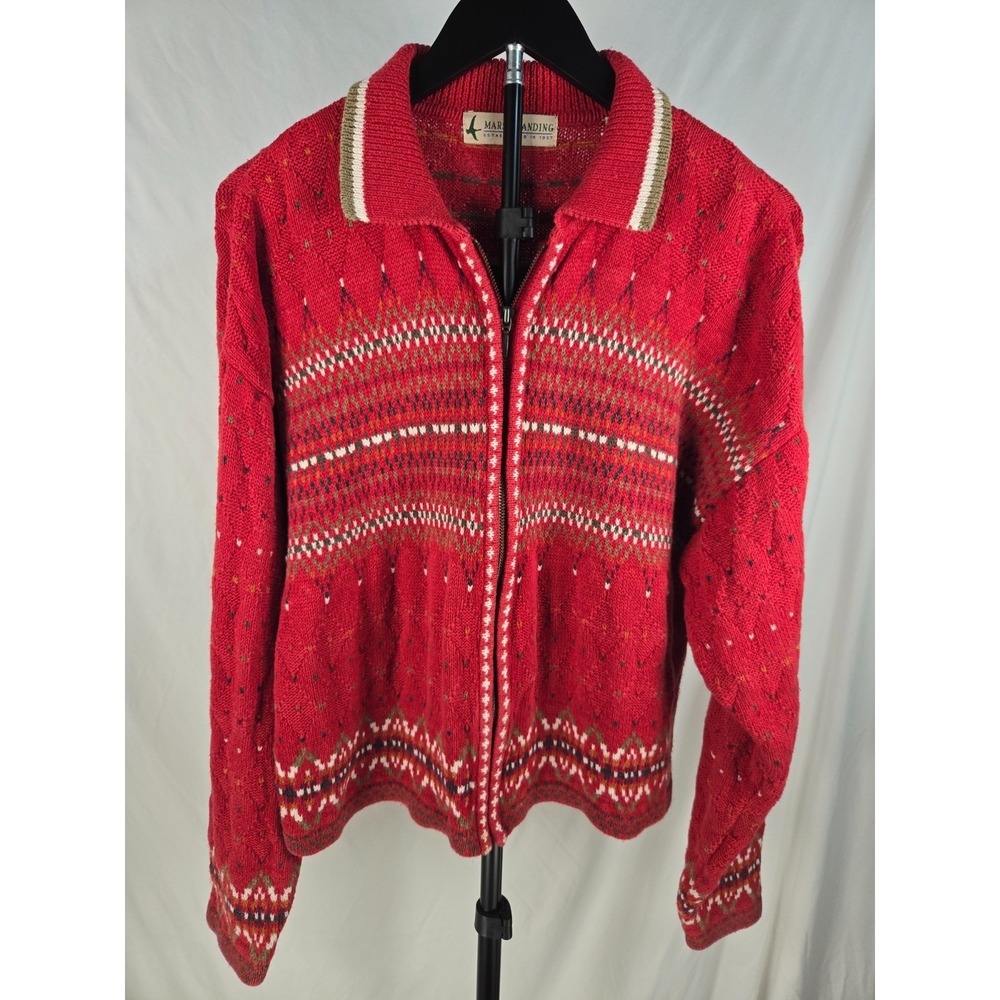 VTG Fair Isle Zip Up Cardigan Sweater Womens L Red Ski Nordic Grandmacore Retro